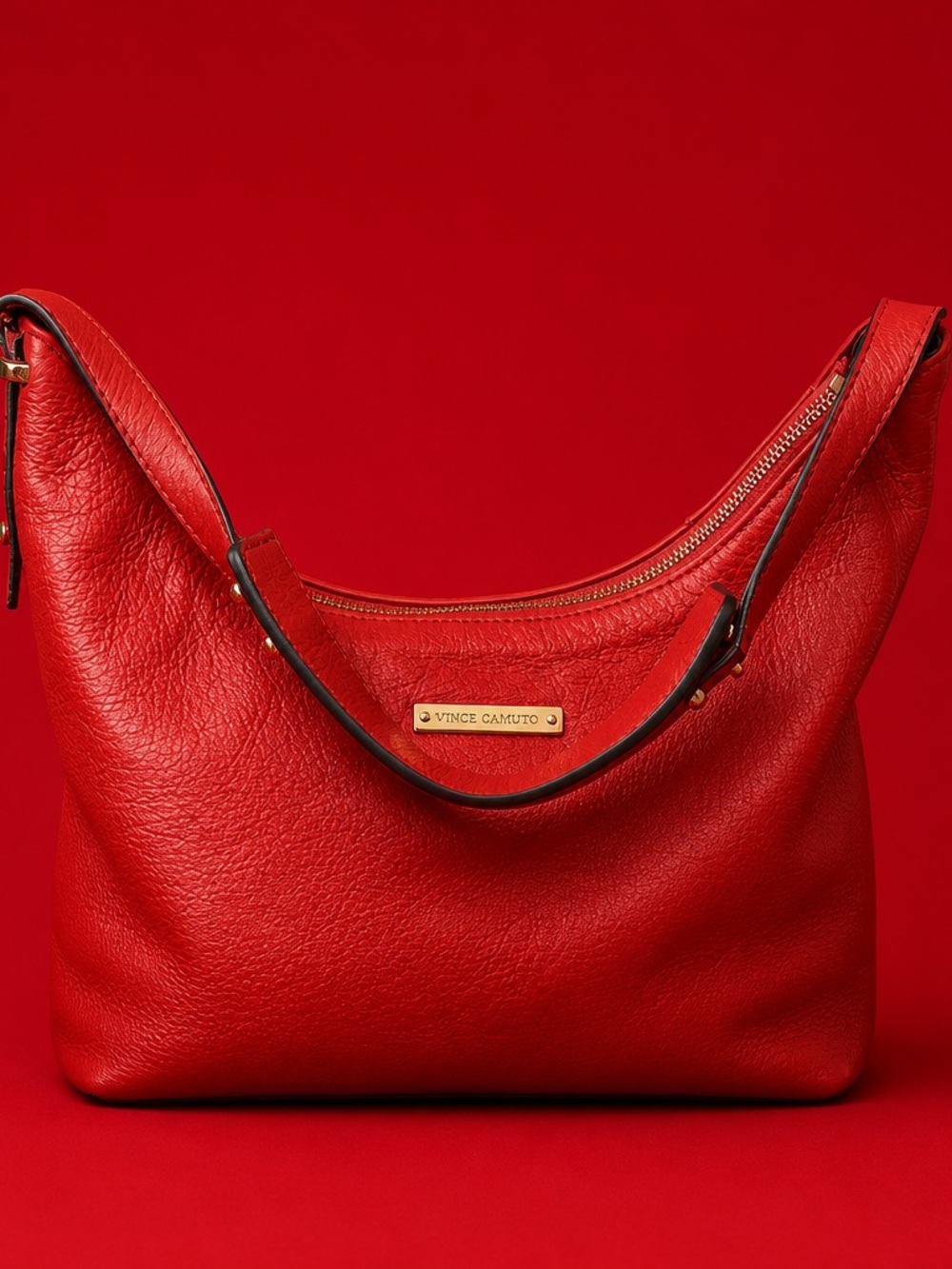 Vince Camuto Red Pebbled Leather Hobo with Gold Hardware
